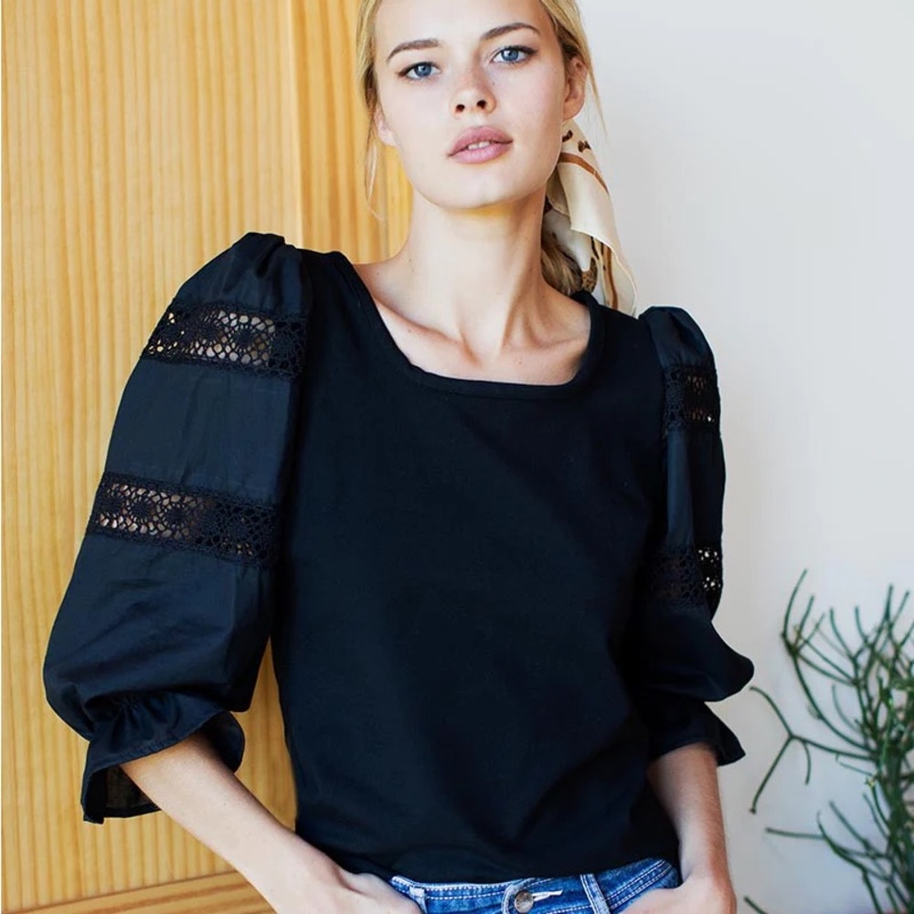 Emerson Fry Elise Top Black Puff Sleeve Organic Cotton XS